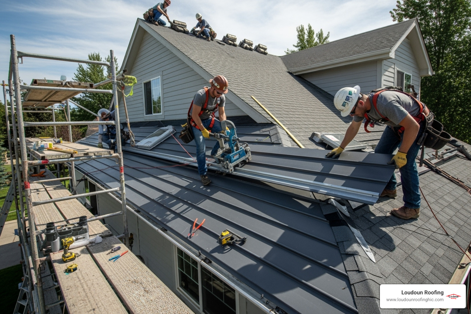 Professional crew installing a standing seam metal roof - metal roofing leesburg
