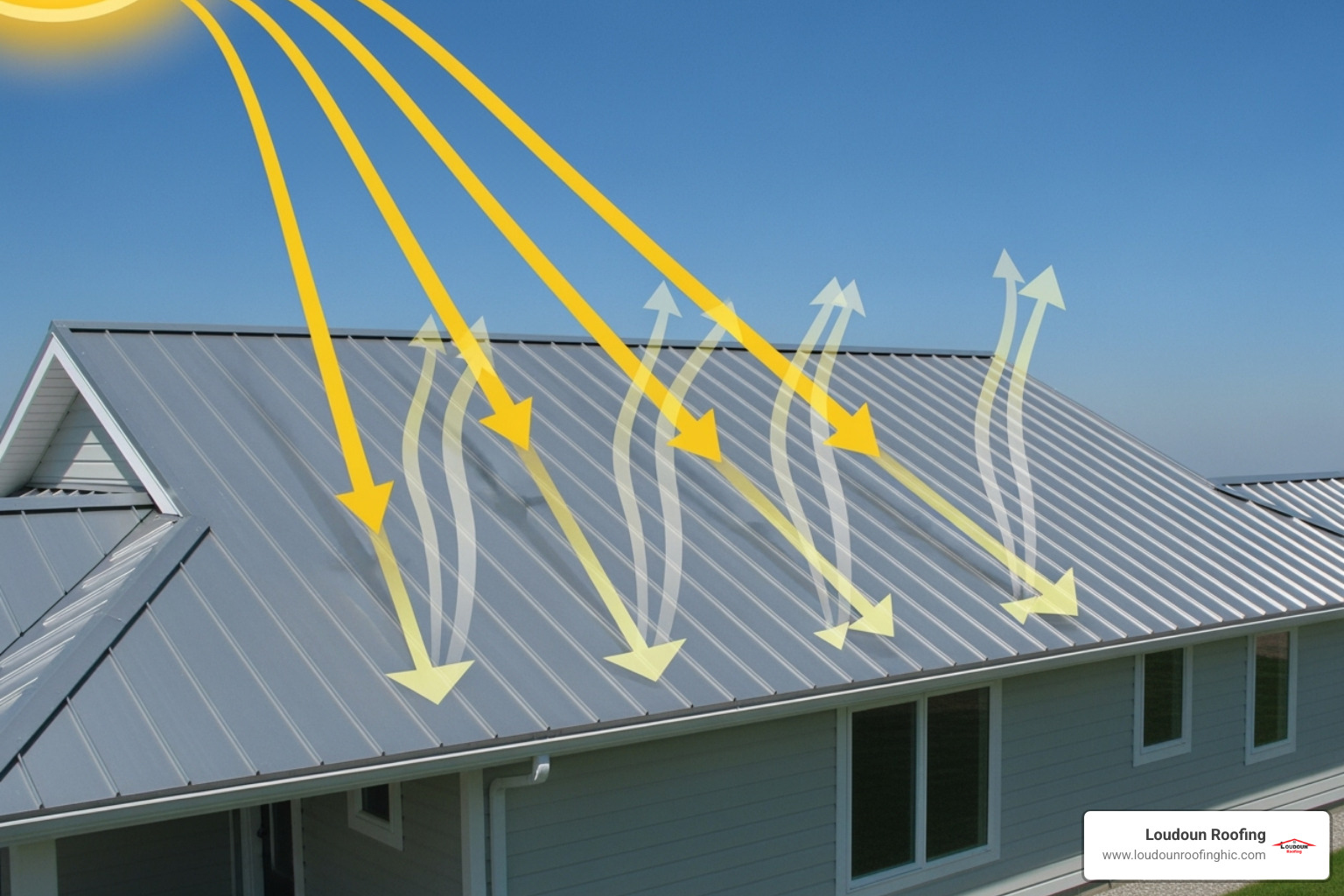 Diagram showing how a metal roof reflects solar radiation - metal roofing leesburg