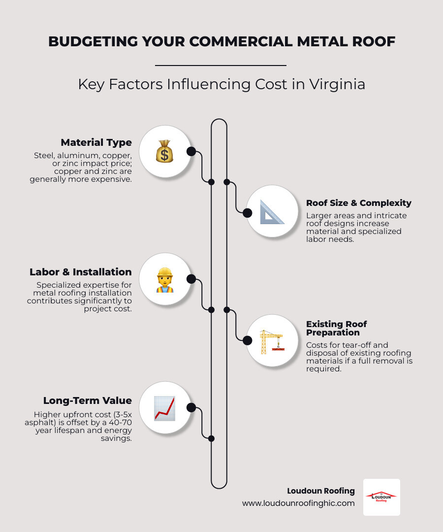 A detailed infographic showing the breakdown of metal roof installation costs, including materials, labor, and additional components, with a comparison to asphalt shingles - metal roofing contractor virginia infographic infographic-line-5-steps-neat_beige