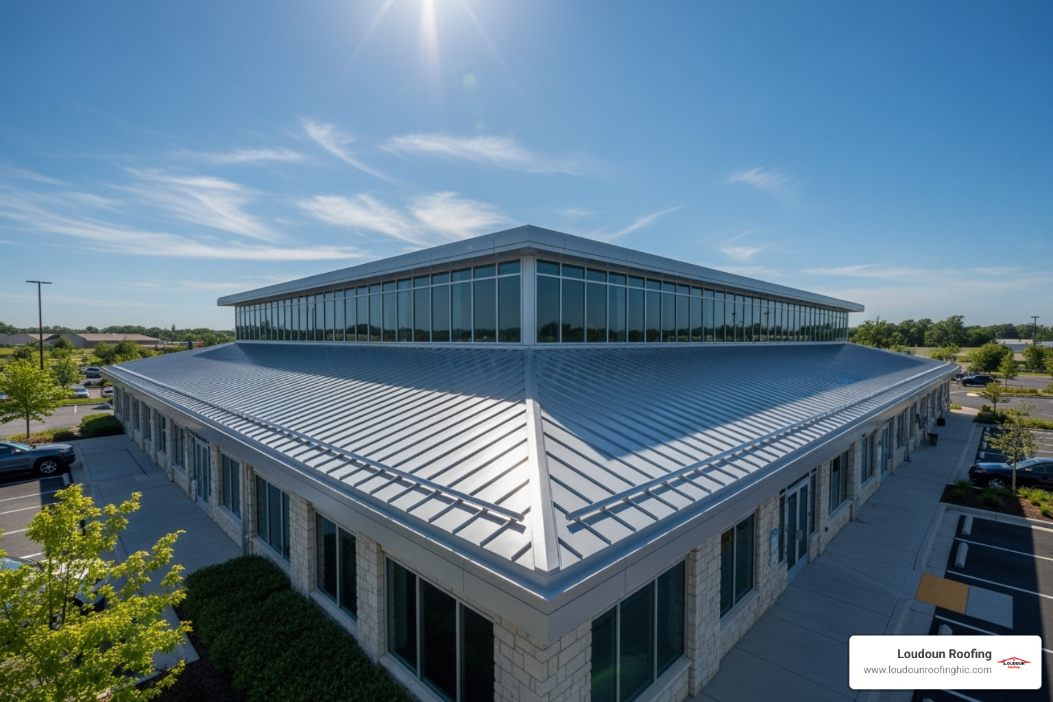 Image of a commercial building with a newly installed metal roof, reflecting sunlight - metal roofing contractor virginia
