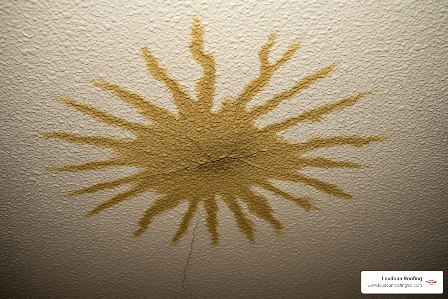 A distinct water stain spreading across a ceiling, indicating a roof leak - how often should you inspect your roof
