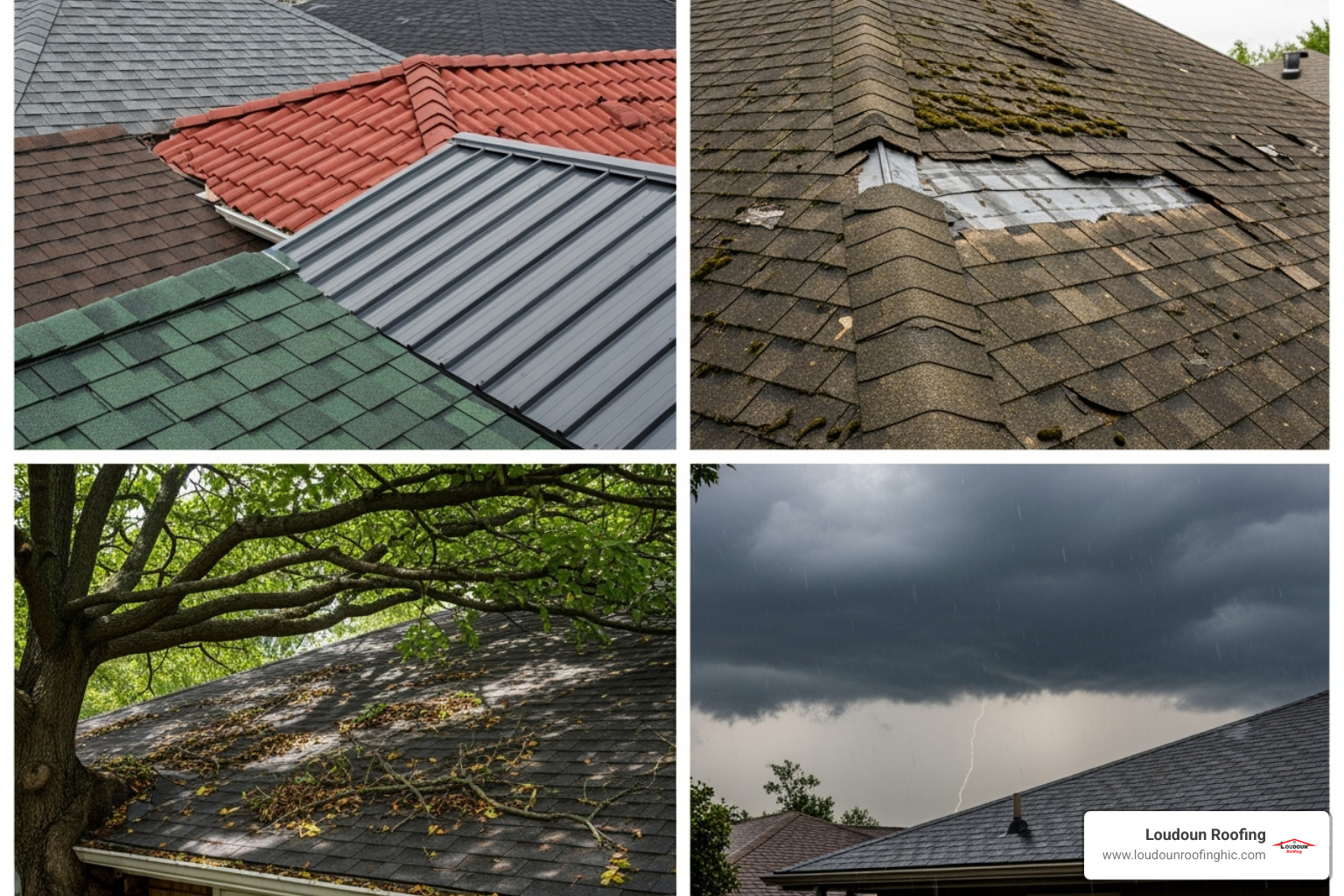 A collage showing different roof types, an older roof, a tree overhanging a roof, and a stormy sky, representing factors influencing inspection frequency - how often should you inspect your roof