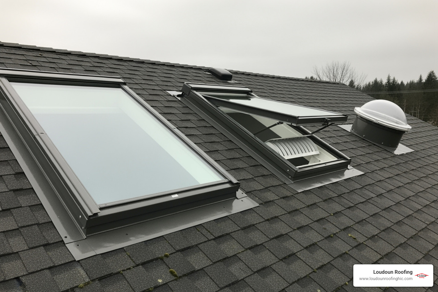 Three main types of skylights (fixed, ventilating, tubular) installed on a roof section - skylights for roof