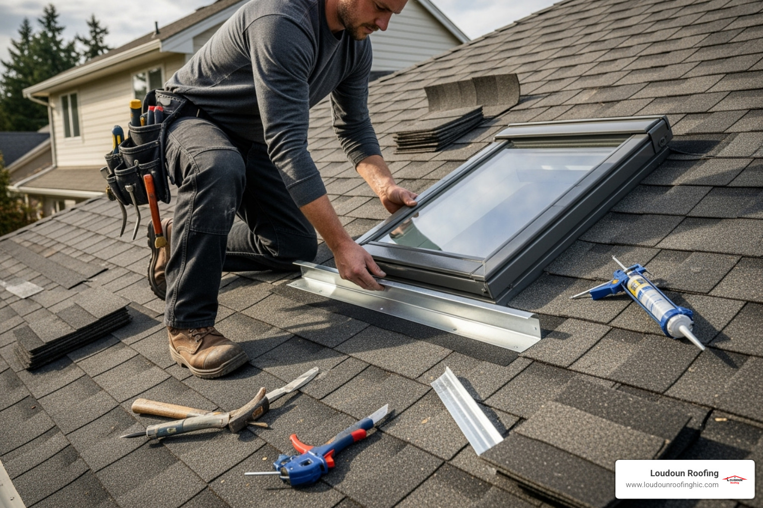 Professional roofer installing flashing around a new skylight - skylights for roof