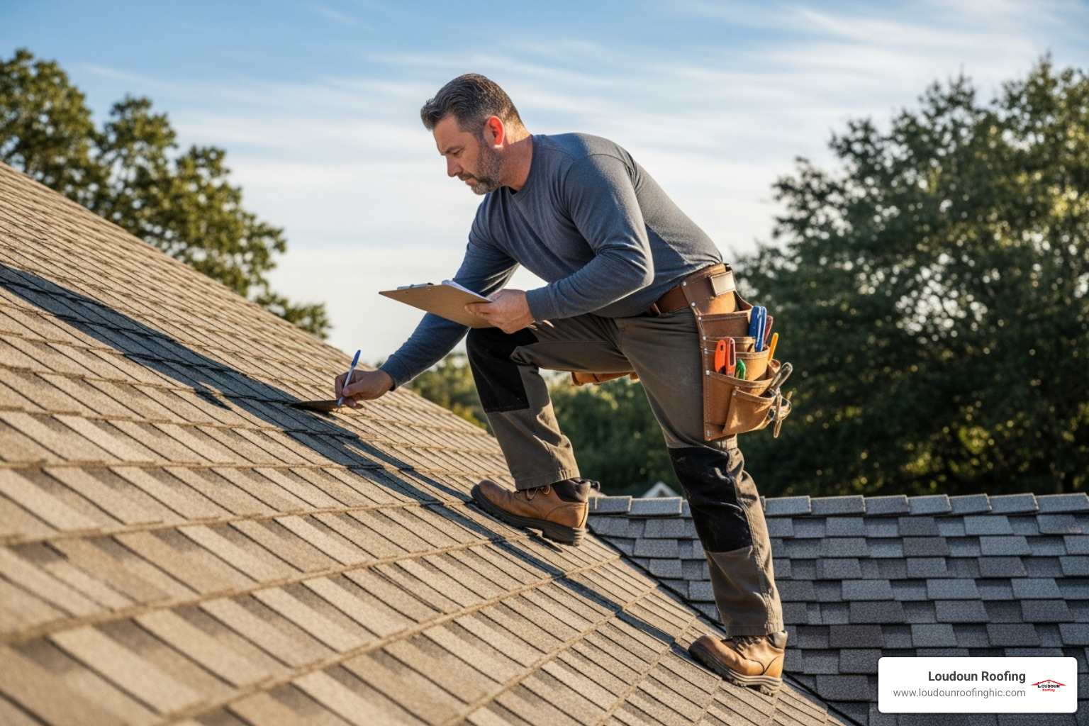 A roofer on a residential roof, performing a detailed inspection with a clipboard, emphasizing thoroughness. - small roofing companies near me