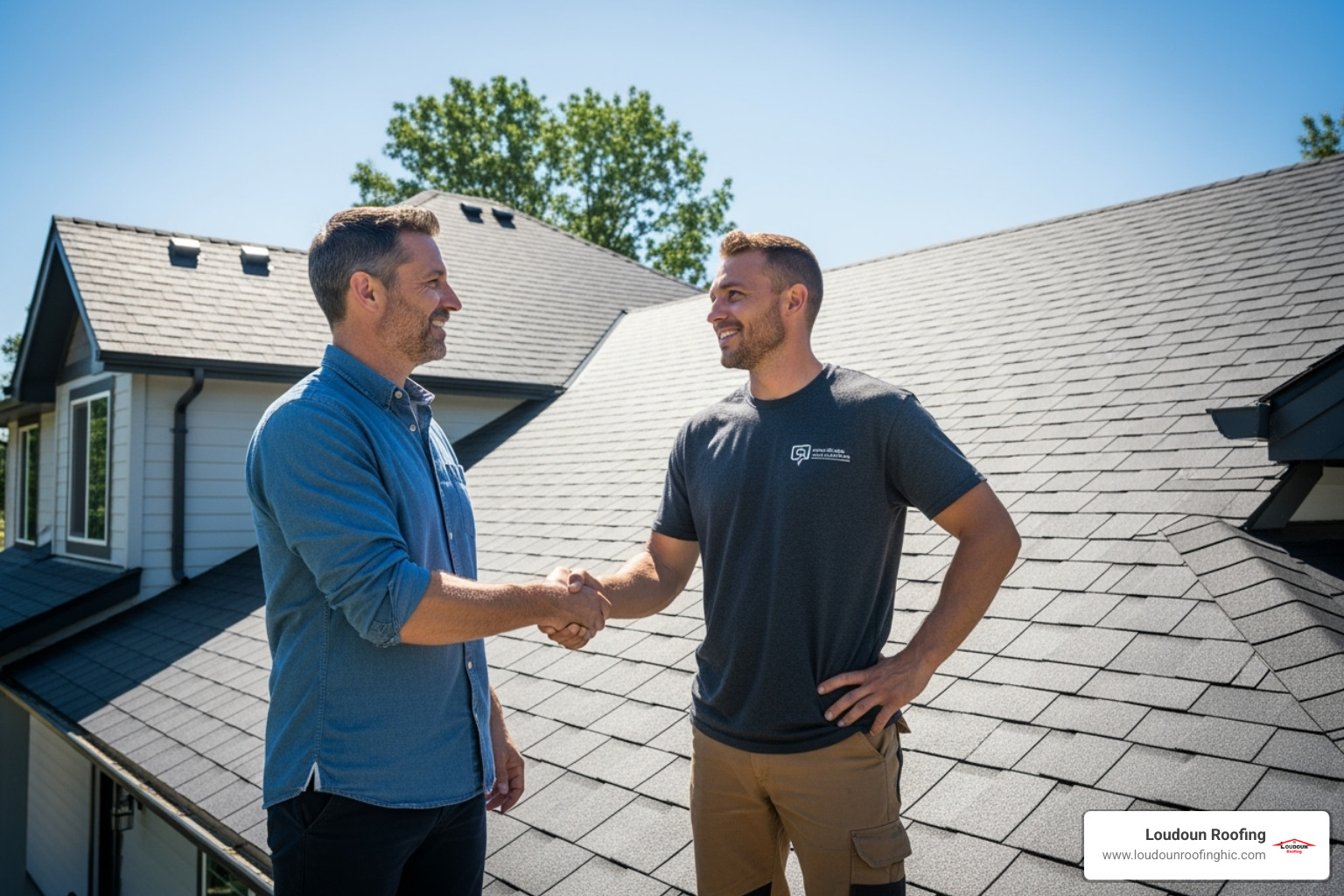 A homeowner shaking hands with a roofer in front of a newly finished roof, symbolizing trust and satisfaction. - small roofing companies near me