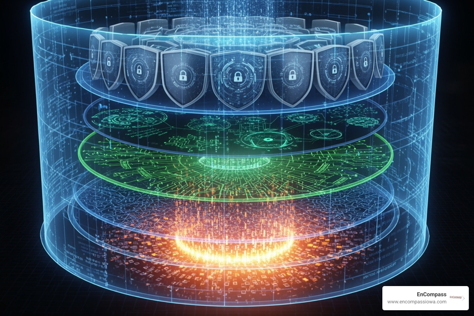 Illustration of layered security, similar to the layers of an onion, showing multiple cybersecurity defenses protecting a central data core - Data security solutions Illustration of layered security, similar to the layers of an onion, showing multiple cybersecurity defenses protecting a central data core - Data security solutions