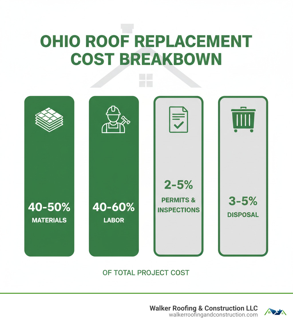 Ohio roof replacement cost breakdown showing materials at 40-50%, labor at 40-60%, permits and inspections at 2-5%, and disposal costs at 3-5% of total project cost - average cost of a new roof in ohio infographic Ohio roof replacement cost breakdown showing materials at 40-50%, labor at 40-60%, permits and inspections at 2-5%, and disposal costs at 3-5% of total project cost - average cost of a new roof in ohio infographic