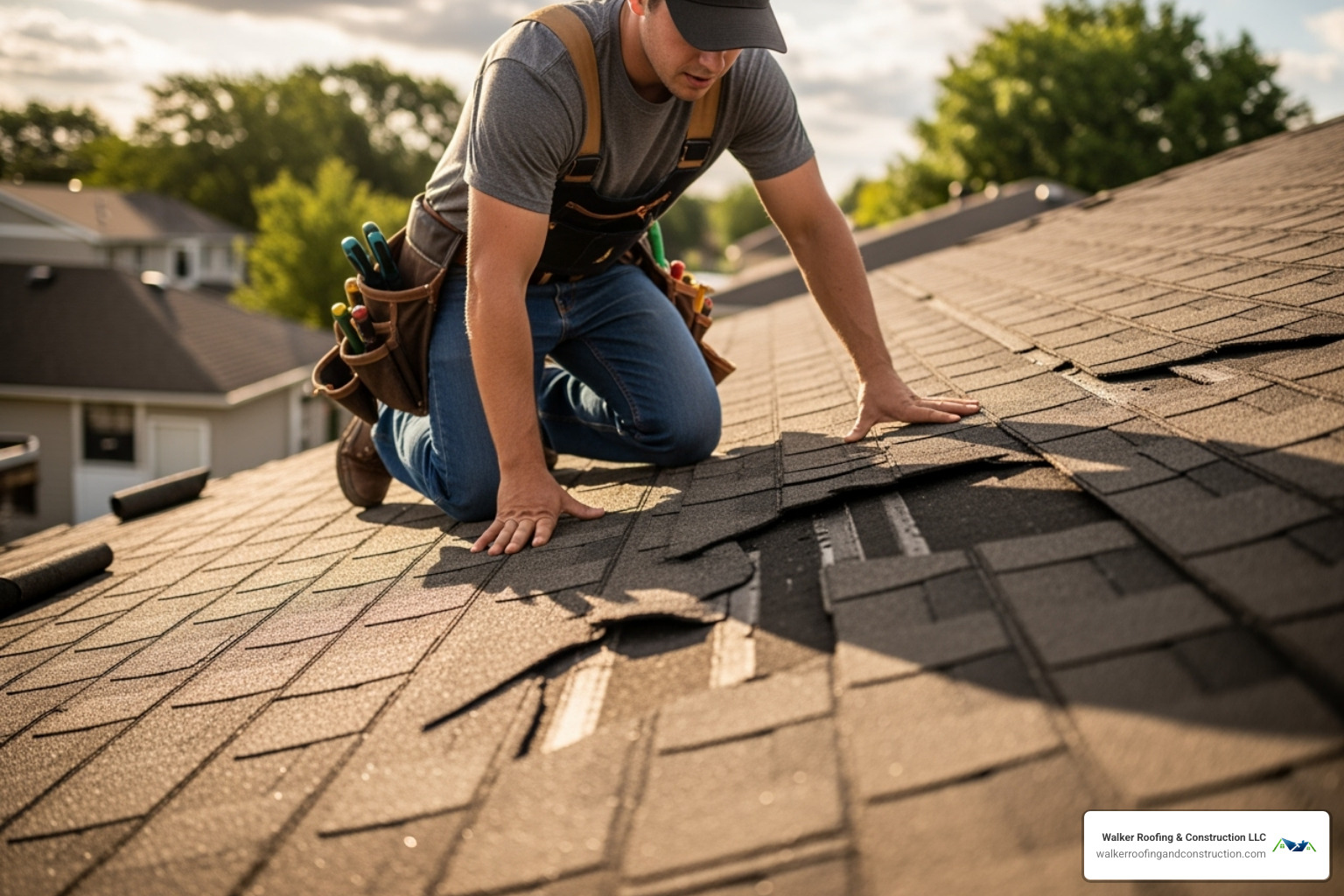 roofer inspecting a damaged roof with curled shingles - average cost of a new roof in ohio roofer inspecting a damaged roof with curled shingles - average cost of a new roof in ohio