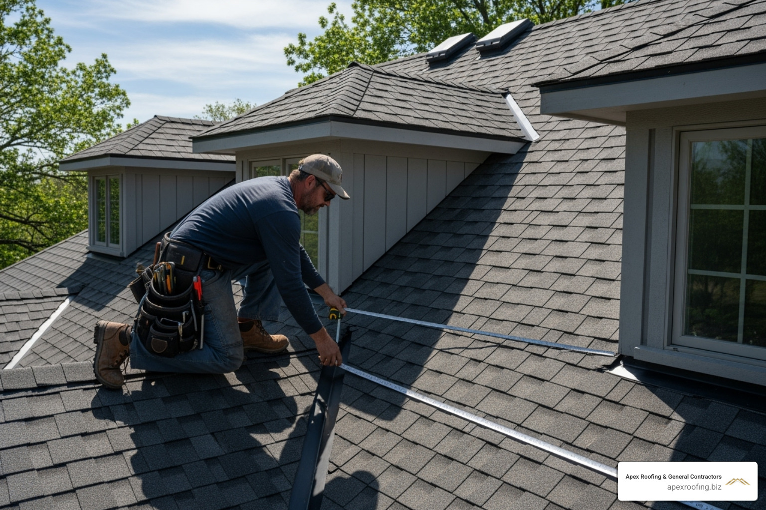 roofer measuring a complex roof - asphalt roof installation cost san antonio roofer measuring a complex roof - asphalt roof installation cost san antonio