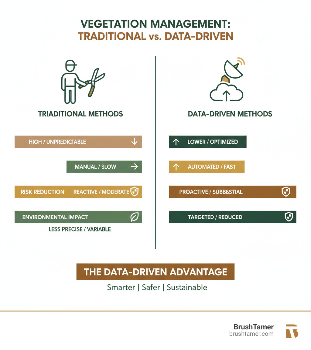 Infographic comparing Traditional vs. Data-Driven Vegetation Management on metrics like Cost, Efficiency, Risk Reduction, and Environmental Impact, highlighting the superiority of data-driven methods - Vegetation management solutions infographic  Infographic comparing Traditional vs. Data-Driven Vegetation Management on metrics like Cost, Efficiency, Risk Reduction, and Environmental Impact, highlighting the superiority of data-driven methods - Vegetation management solutions infographic