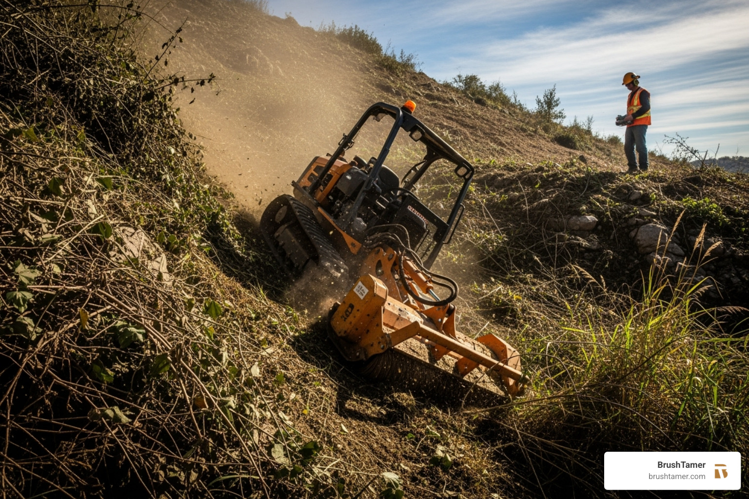 A remote-operated mower efficiently clears thick brush on a challenging, steep incline, operated by a skilled professional - Vegetation management solutions A remote-operated mower efficiently clears thick brush on a challenging, steep incline, operated by a skilled professional - Vegetation management solutions