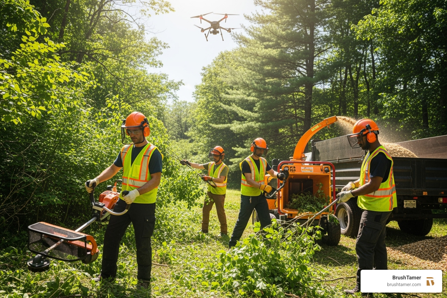 A professional team uses modern equipment to clear a path, while a drone surveys the area from above, symbolizing technological advancement - Vegetation management solutions A professional team uses modern equipment to clear a path, while a drone surveys the area from above, symbolizing technological advancement - Vegetation management solutions