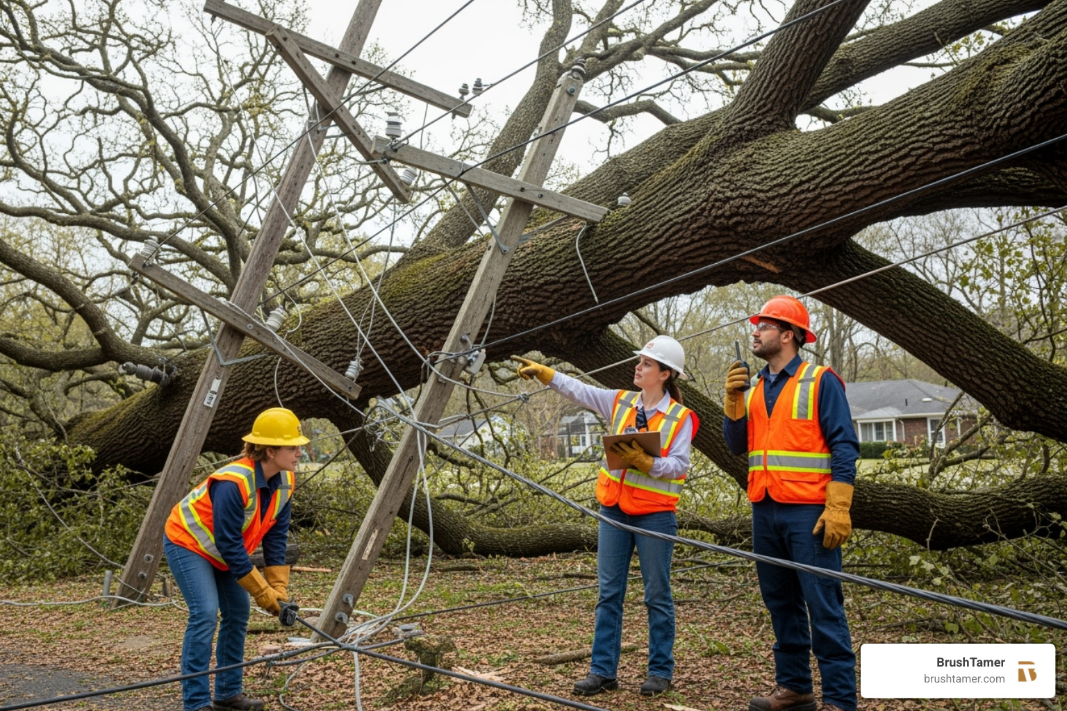 of a fallen tree near a power line, with a professional crew assessing the situation - Vegetation management solutions of a fallen tree near a power line, with a professional crew assessing the situation - Vegetation management solutions