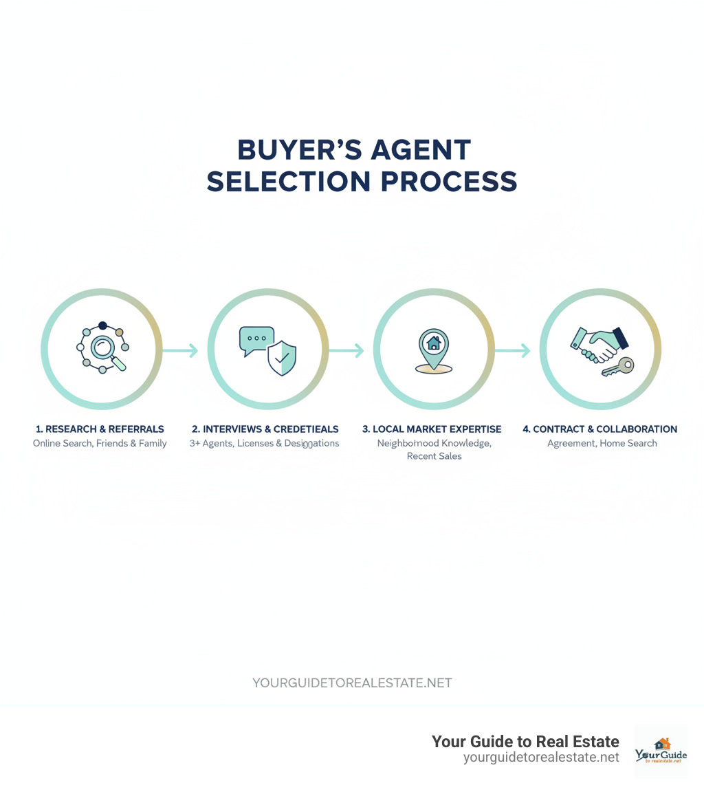 Infographic showing the buyer's agent selection process: starting with research and referrals, moving through interviews and credential verification, evaluating local market expertise, and ending with contract signing and home search collaboration - finding a buyers agent infographic 