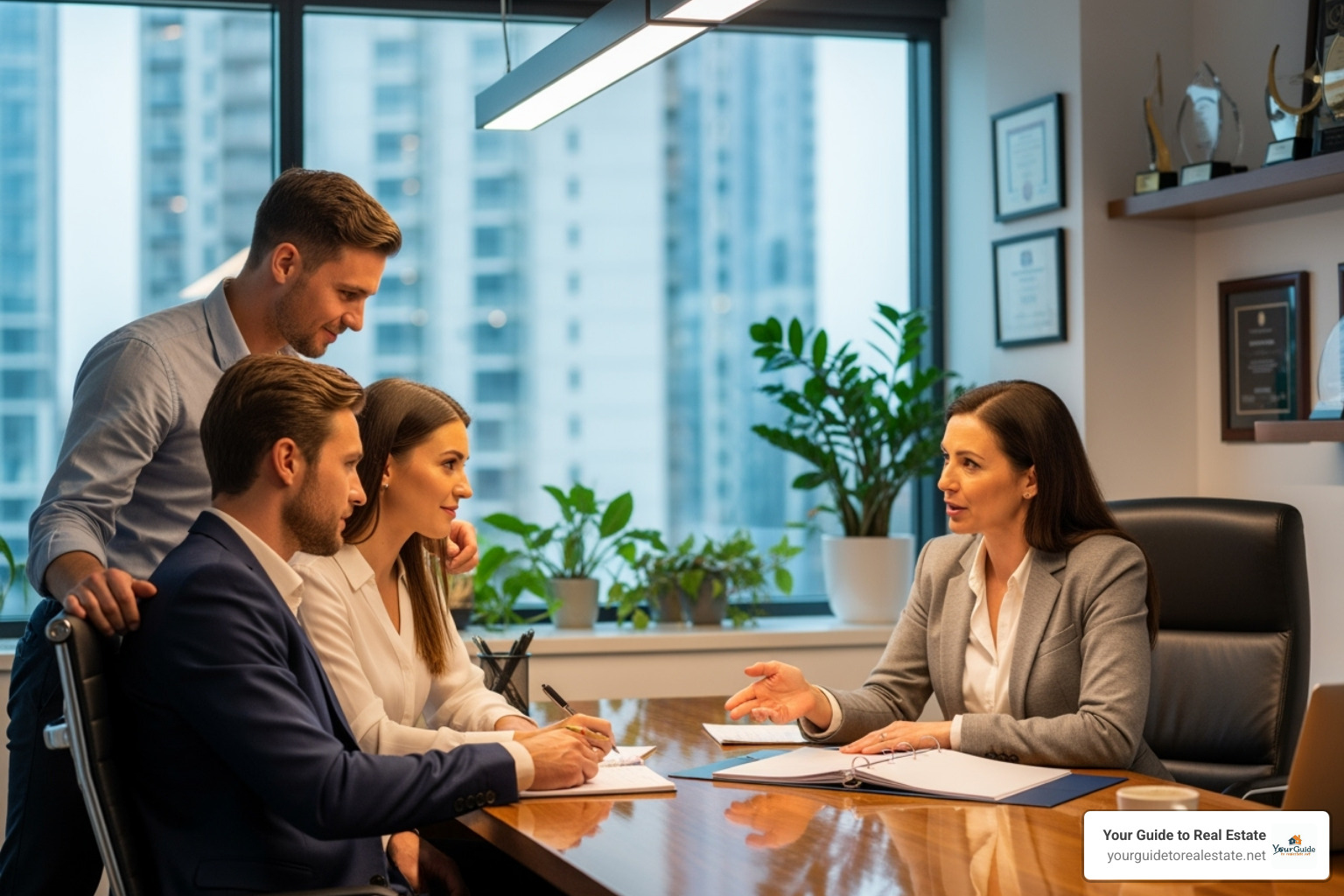 Couple sitting across a desk from an agent, in an interview setting - finding a buyers agent