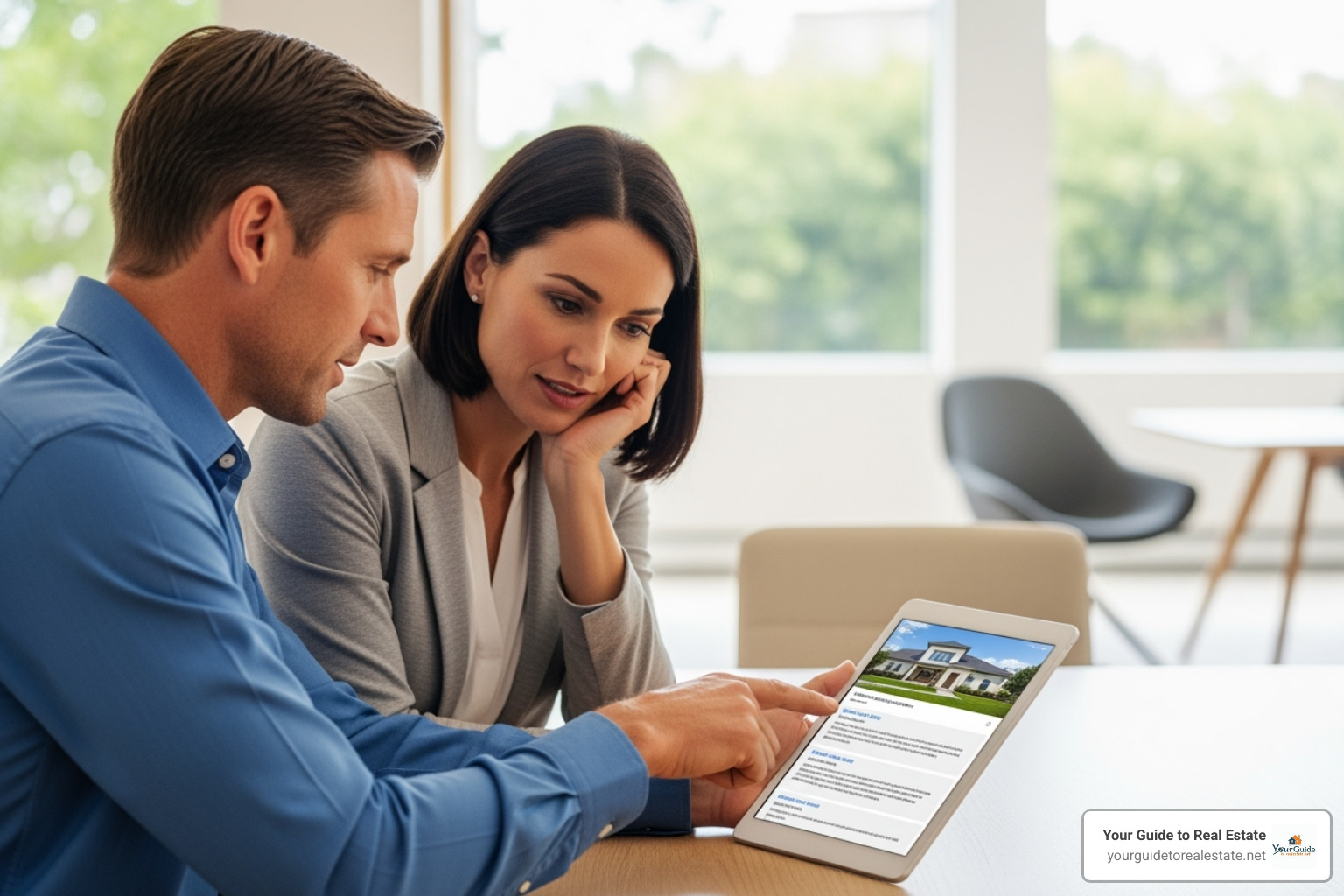 Agent and homebuyer looking at property listings on a tablet - finding a buyers agent