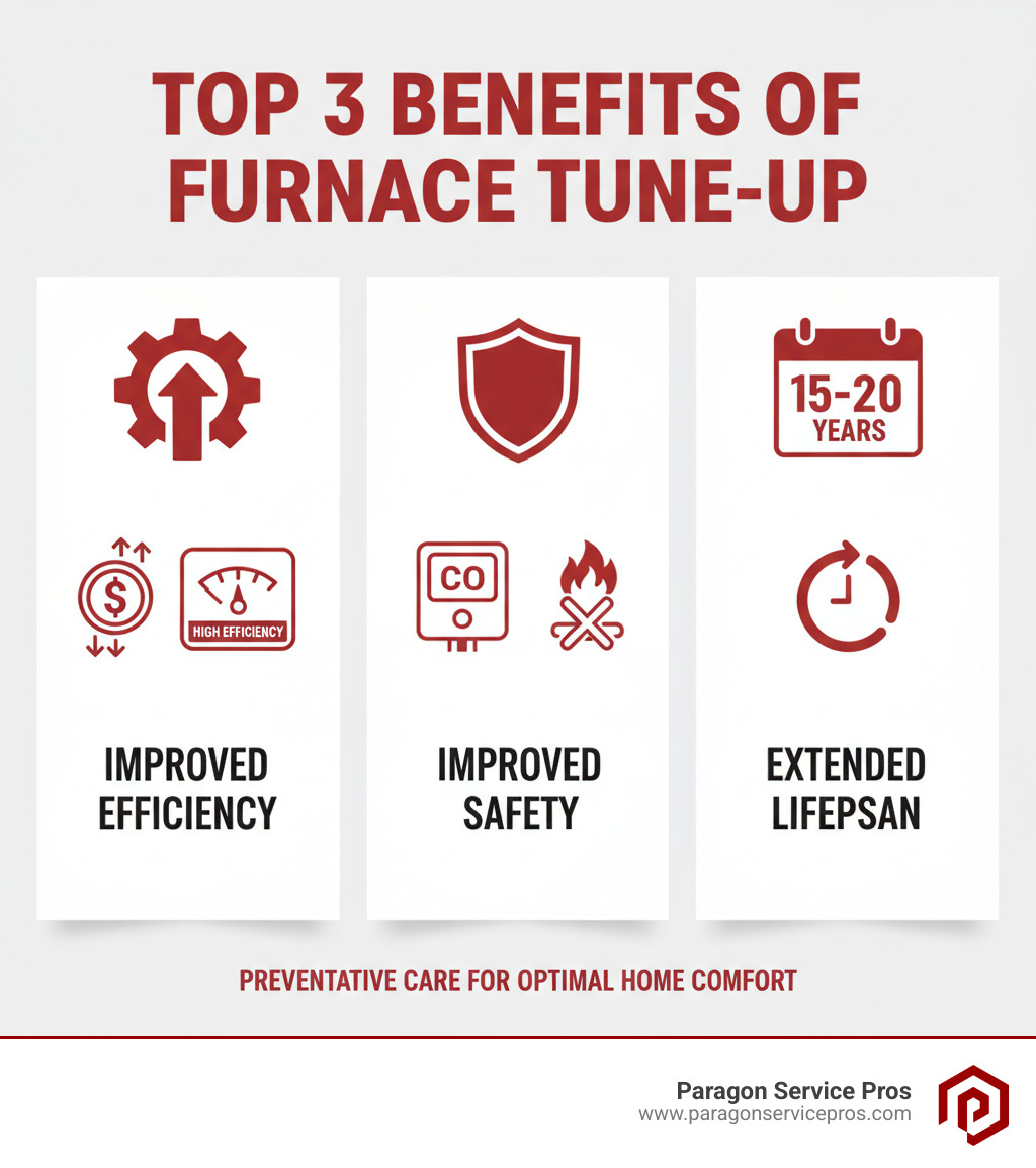 Infographic showing the top 3 benefits of furnace tune-up: improved efficiency with dollar signs and energy meter, improved safety with shield icon and carbon monoxide detector, and extended lifespan with calendar showing 15-20 years - Furnace tune-up service infographic Infographic showing the top 3 benefits of furnace tune-up: improved efficiency with dollar signs and energy meter, improved safety with shield icon and carbon monoxide detector, and extended lifespan with calendar showing 15-20 years - Furnace tune-up service infographic
