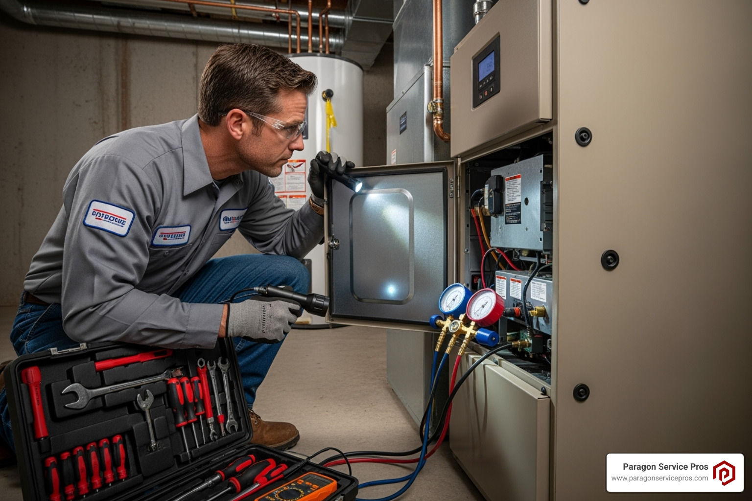 Technician inspecting a clean furnace unit - Furnace tune-up service Technician inspecting a clean furnace unit - Furnace tune-up service