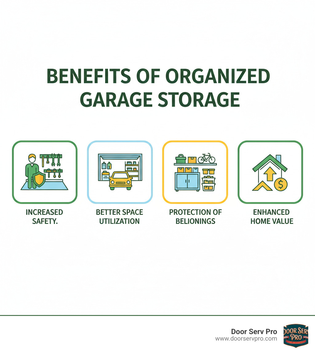 Benefits of organized garage storage including increased safety, better space utilization, protection of belongings, and improved home value - garage storage cabinets hagerstown md infographic 