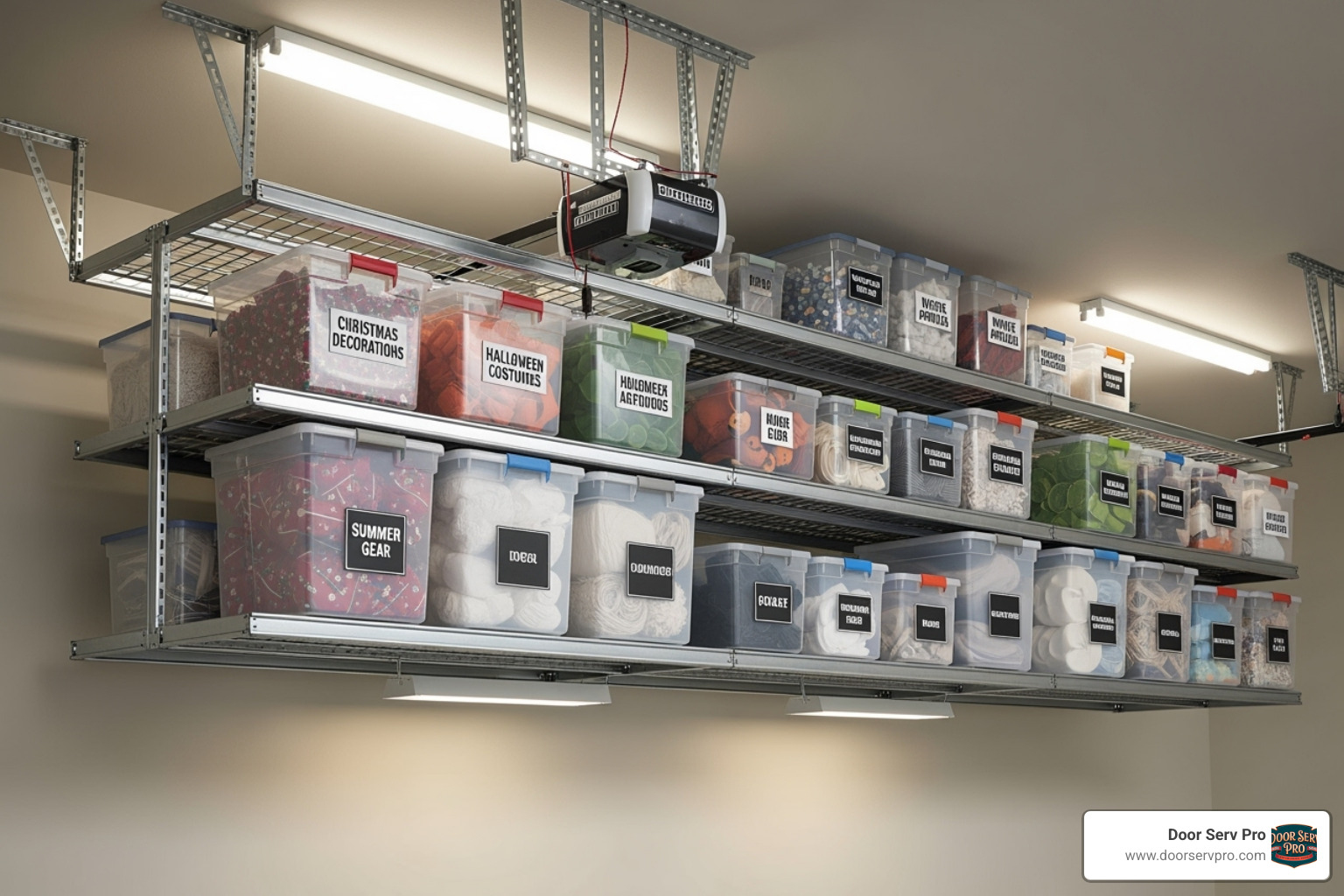 overhead storage rack filled with seasonal bins - garage storage cabinets hagerstown md