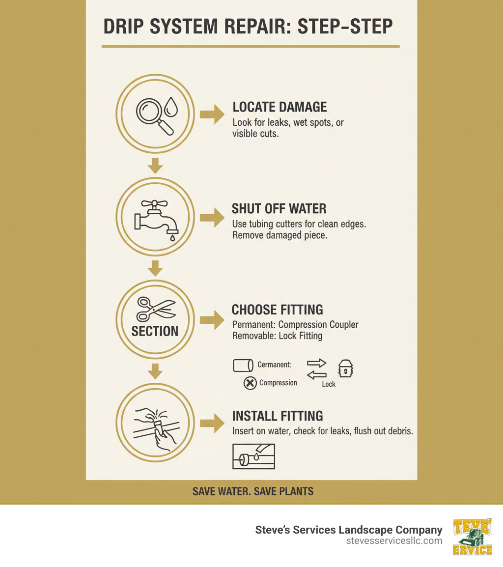Detailed infographic showing step-by-step irrigation tubing repair process including identifying damage location, shutting off water, cutting out damaged sections, selecting appropriate fittings like compression couplers for permanent repairs or lock fittings for removable repairs, proper installation techniques, and system testing - repair irrigation tubing infographic 