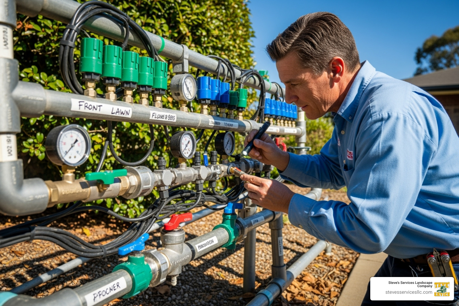 professional from Steve's Services inspecting a complex irrigation manifold - repair irrigation tubing