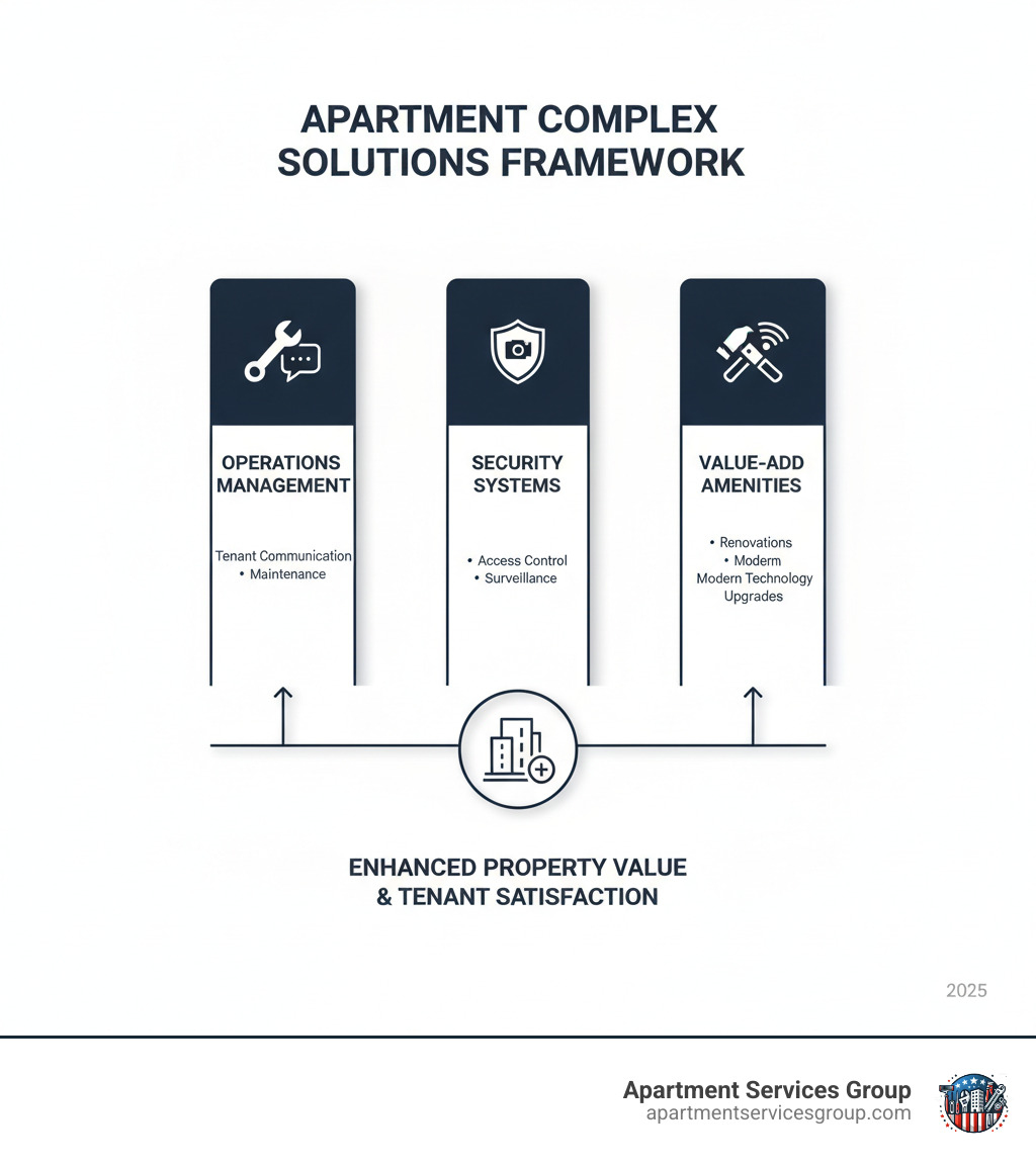 Comprehensive apartment complex solutions framework showing three main pillars: Operations Management including tenant communication and maintenance, Security Systems featuring access control and surveillance, and Value-Add Amenities encompassing renovations and modern technology upgrades - apartment complex solutions infographic  Comprehensive apartment complex solutions framework showing three main pillars: Operations Management including tenant communication and maintenance, Security Systems featuring access control and surveillance, and Value-Add Amenities encompassing renovations and modern technology upgrades - apartment complex solutions infographic