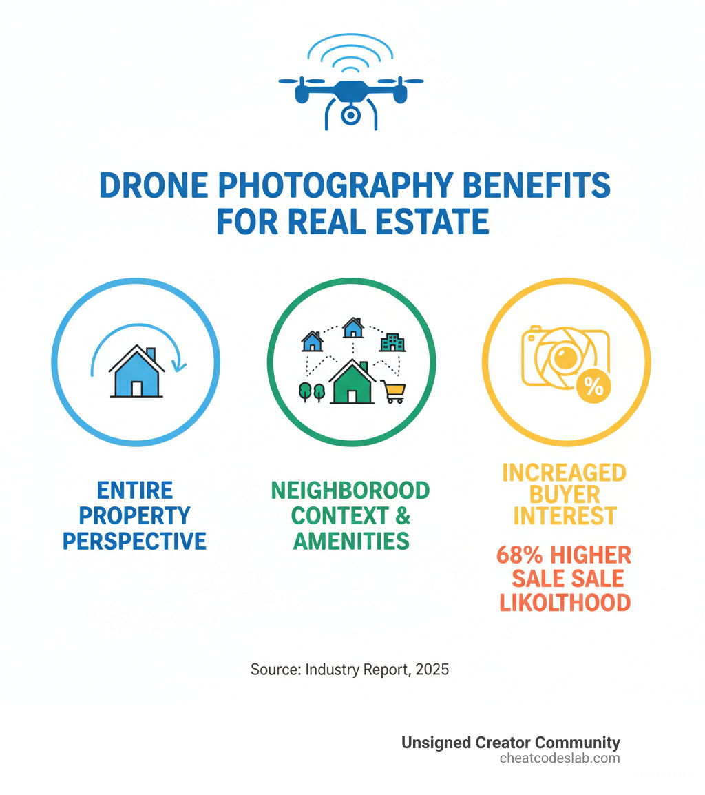 Benefits of drone photography for real estate showing three key advantages: showcasing entire property with aerial perspective, providing neighborhood context with surrounding amenities, and increasing buyer interest with professional imagery that leads to 68% higher likelihood of sale - drone pictures of houses infographic 