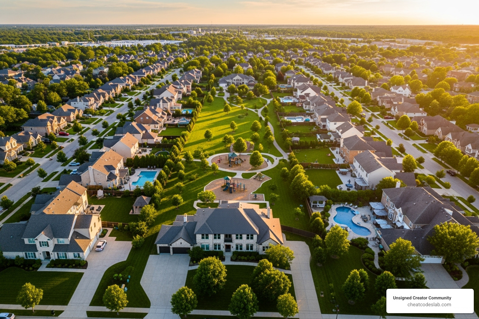A drone flying over a beautiful suburban neighborhood, showing houses, parks, and streets - drone pictures of houses