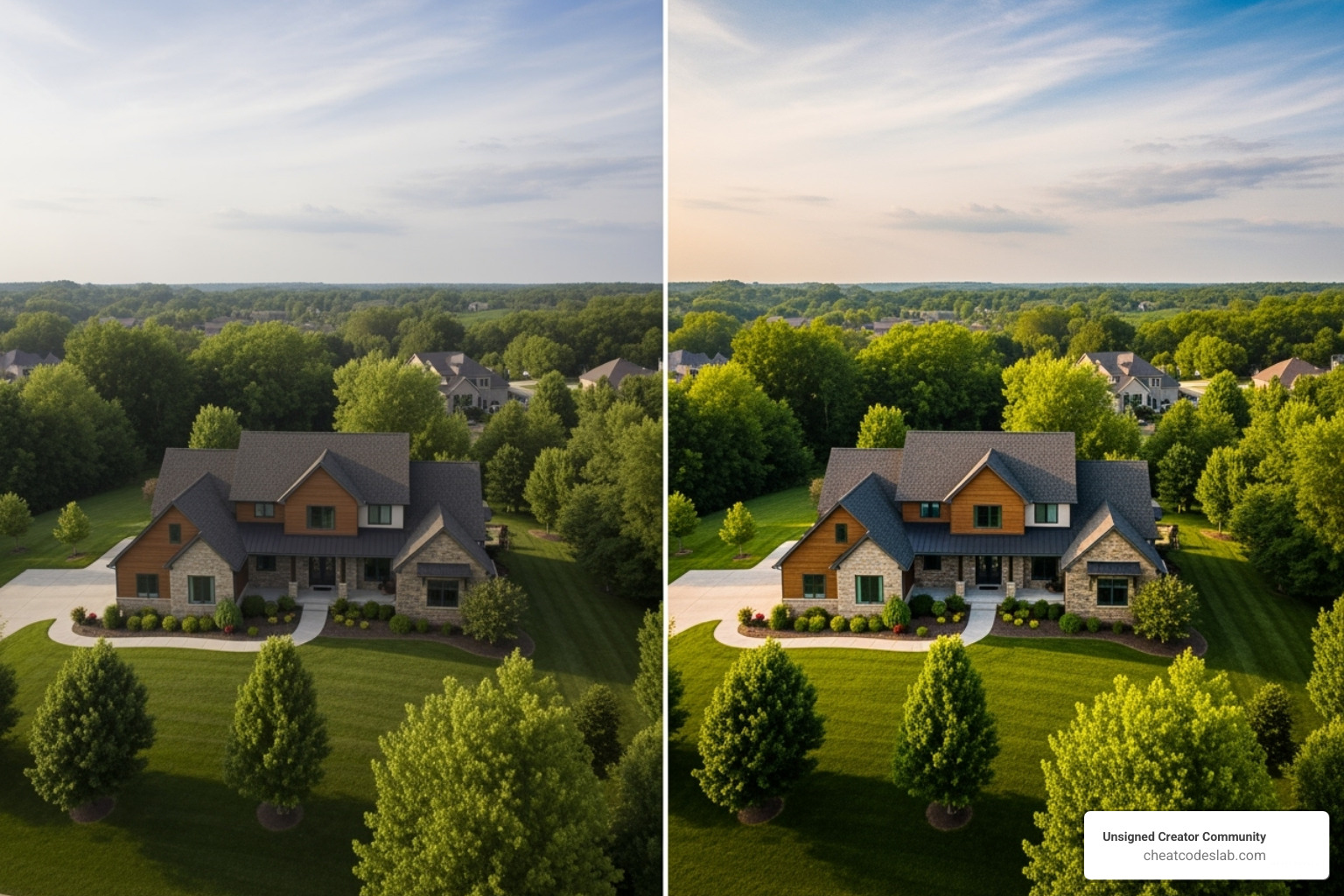 A split-screen showing a raw drone video clip on one side and the final edited 4K cinematic tour of a property on the other - drone pictures of houses