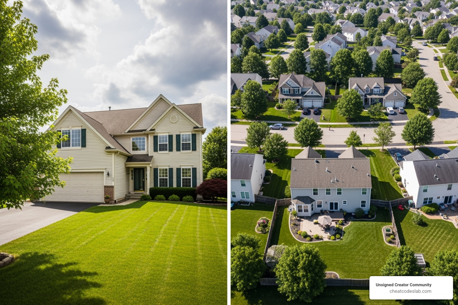 A comparison showing a standard ground-level photo of a house next to a dynamic aerial shot of the same property, highlighting the difference in perspective and detail - drone pictures of houses