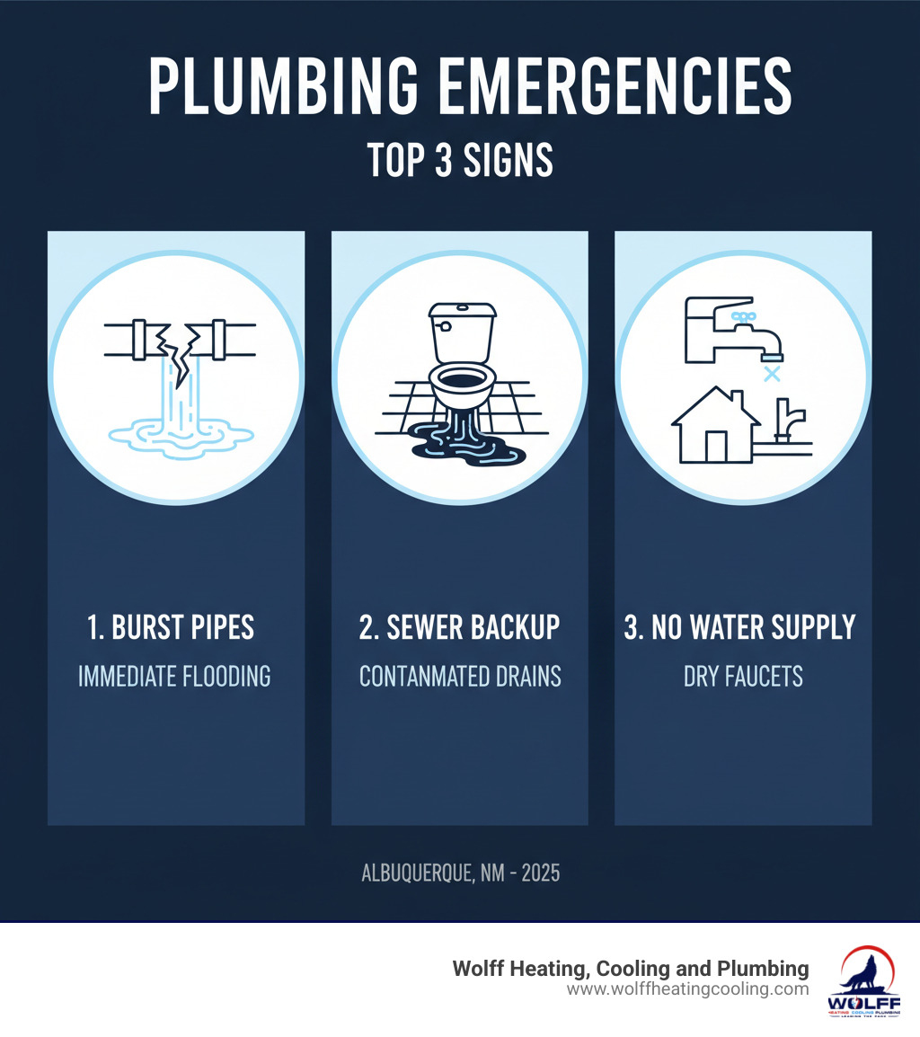 Infographic showing the top 3 signs of a plumbing emergency: burst pipes with water spraying everywhere causing immediate flooding, sewer backup with dark water coming up through drains, and complete loss of water supply with dry faucets throughout the home - emergency plumbing albuquerque nm infographic Infographic showing the top 3 signs of a plumbing emergency: burst pipes with water spraying everywhere causing immediate flooding, sewer backup with dark water coming up through drains, and complete loss of water supply with dry faucets throughout the home - emergency plumbing albuquerque nm infographic