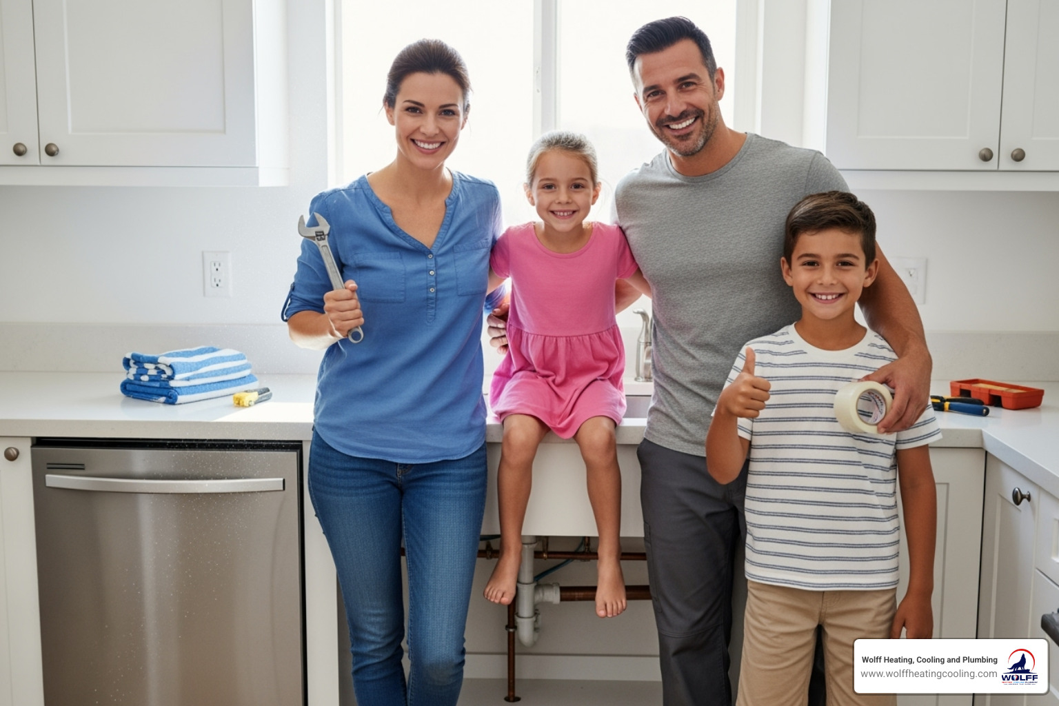 Image of a smiling family in a clean, dry kitchen after a plumbing repair - emergency plumbing albuquerque nm Image of a smiling family in a clean, dry kitchen after a plumbing repair - emergency plumbing albuquerque nm