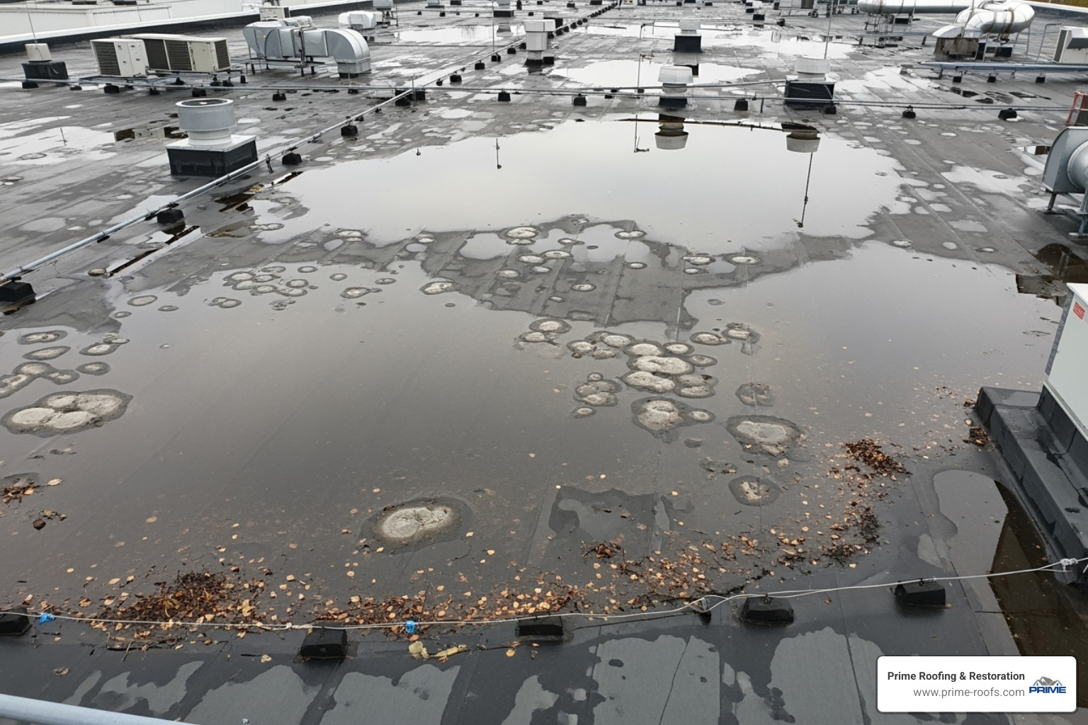 Damaged industrial roof showing blisters or ponding water - industrial roofing companies near me