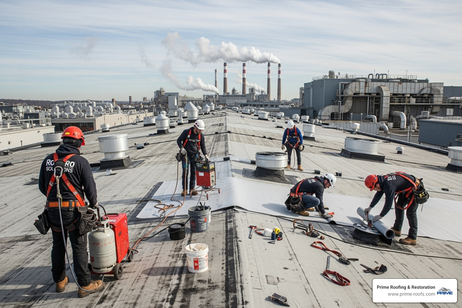 Professional roofing crew in full safety gear working on a large industrial roof - industrial roofing companies near me