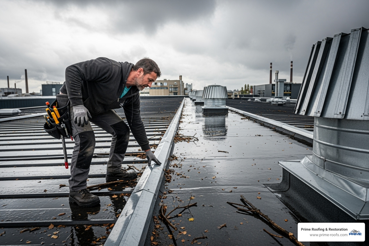 Roofer inspecting flashing on an industrial roof after a storm - industrial roofing companies near me