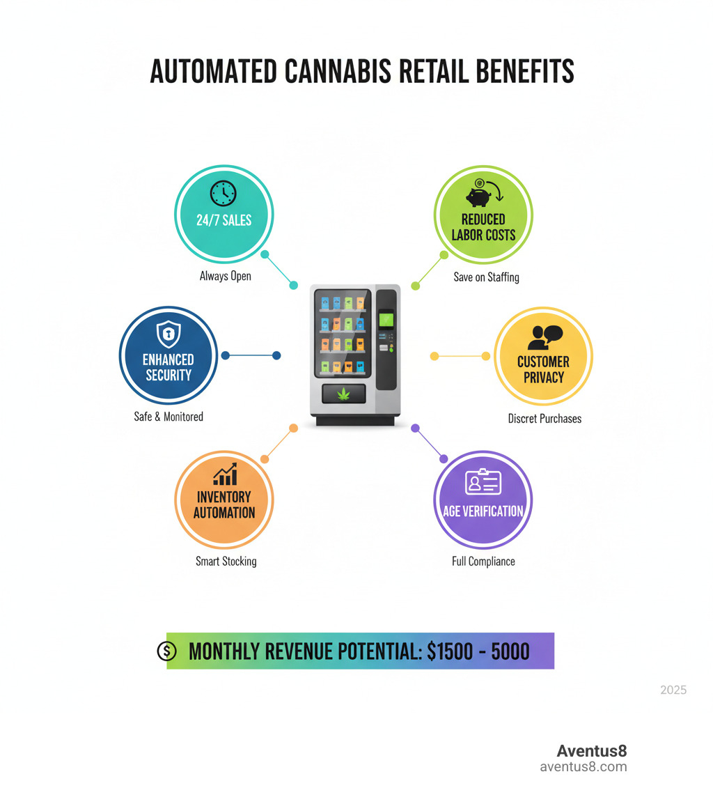 Comprehensive infographic showing weed vending machine benefits including 24/7 sales availability, reduced labor costs, improved security features, customer privacy, inventory management automation, compliance with age verification requirements, and potential monthly revenue ranges from $1500-5000 - weed vending machine for sale infographic 