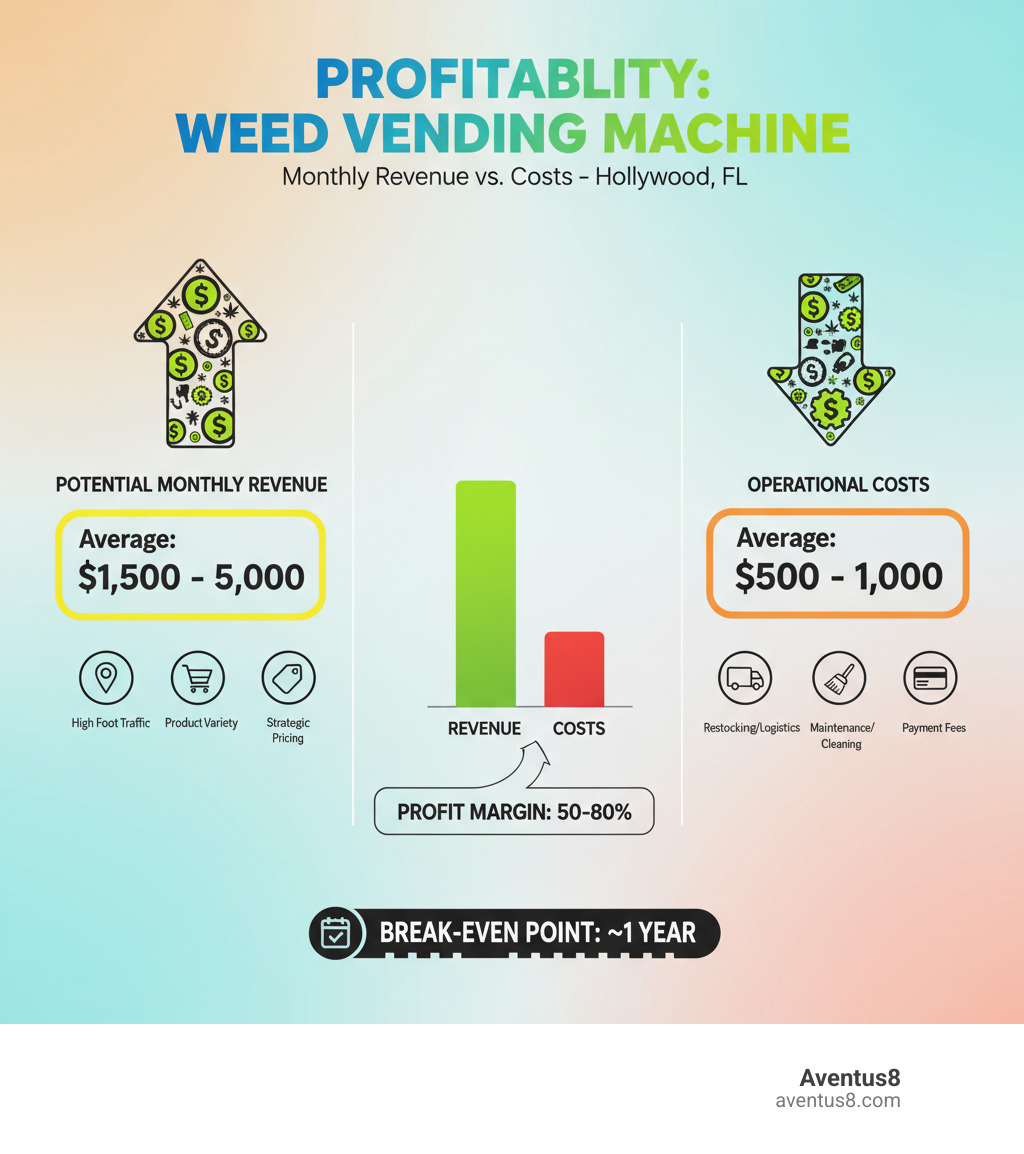 Infographic detailing potential monthly revenue versus operational costs for a weed vending machine, showing profit margins and break-even points. - weed vending machine for sale infographic 