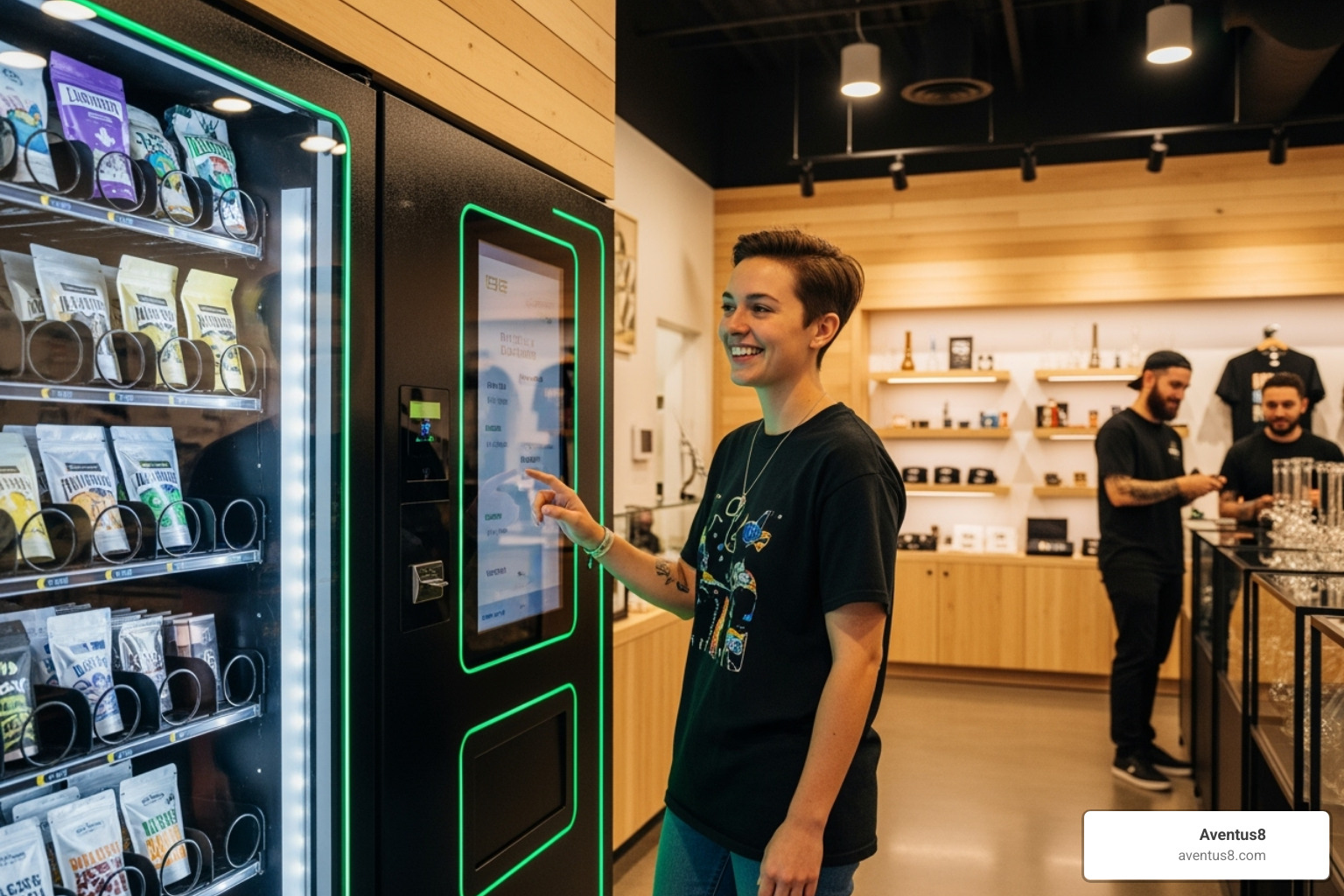 customer happily using a weed vending machine in a clean, modern dispensary setting - weed vending machine for sale