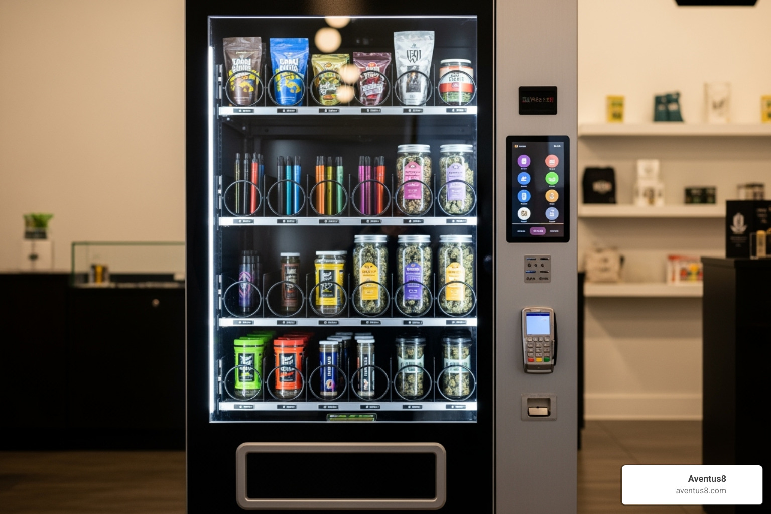 interior of a weed vending machine with an elevator delivery system - weed vending machine for sale