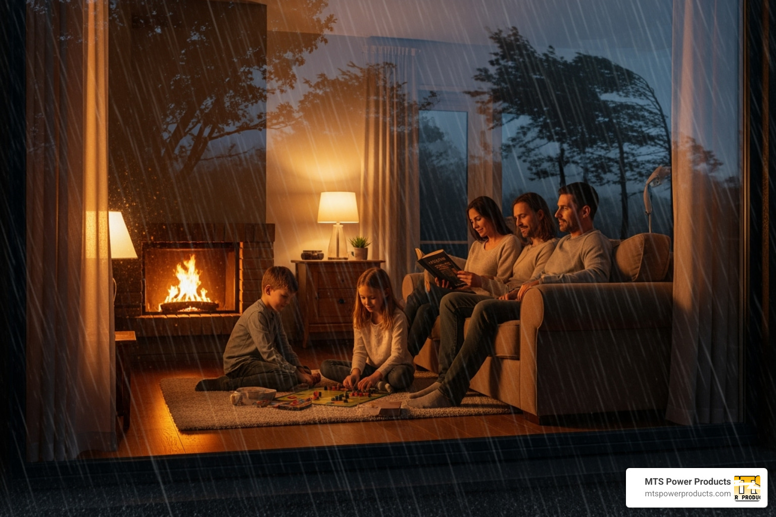 Family sitting in a well-lit living room during a stormy night, viewed from outside through a window - what is an automatic transfer switch for a generator