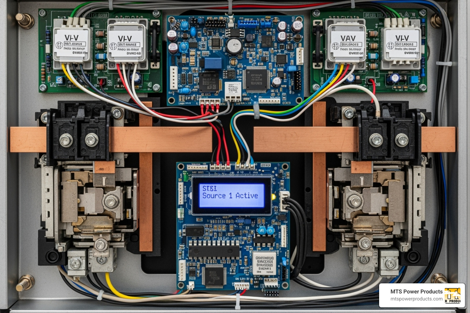 Internal components of an ATS, showing a microprocessor controller, voltage and frequency sensors, and the main switching contacts - what is an automatic transfer switch for a generator