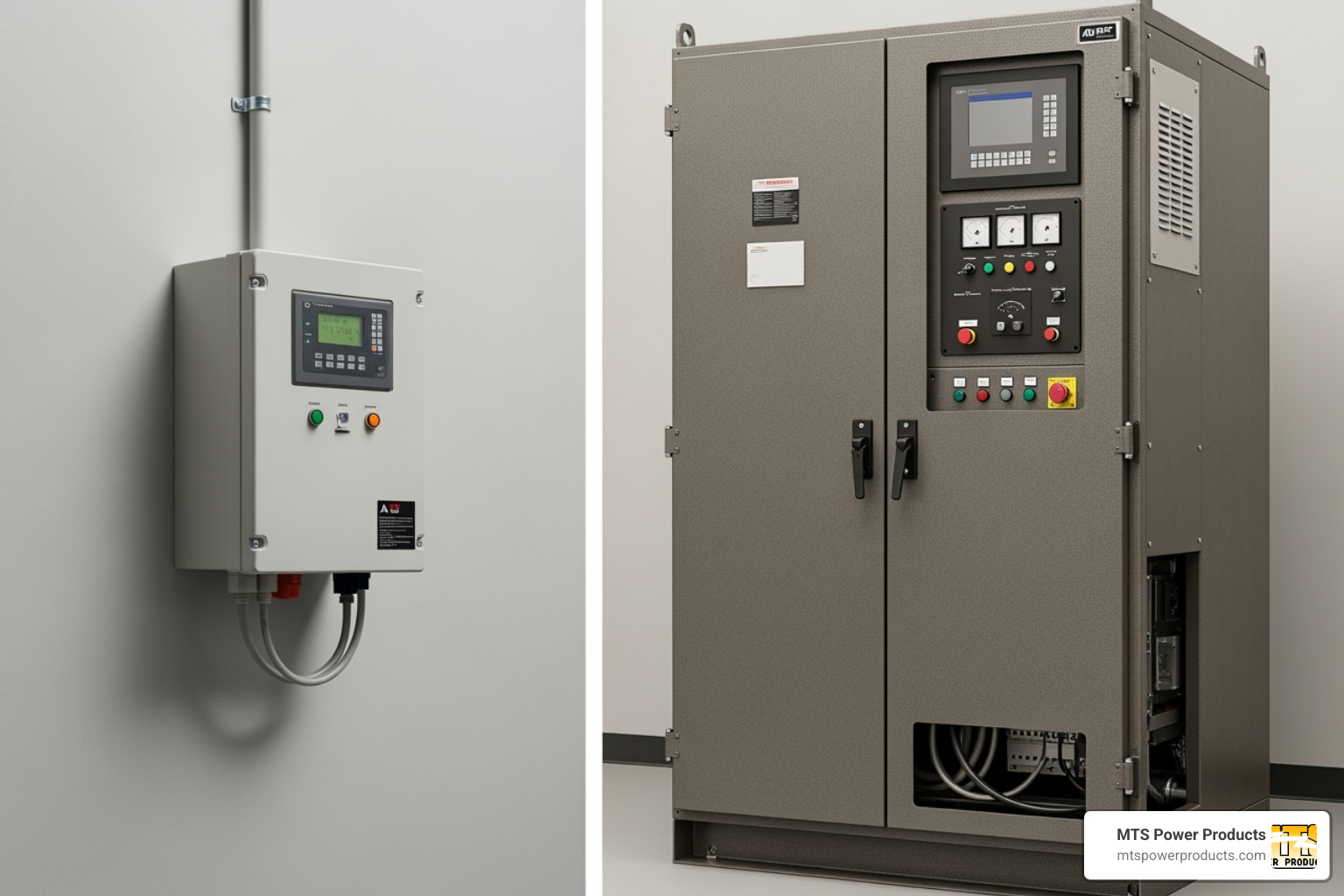 Comparison of a small residential ATS unit next to a large commercial ATS cabinet - what is an automatic transfer switch for a generator
