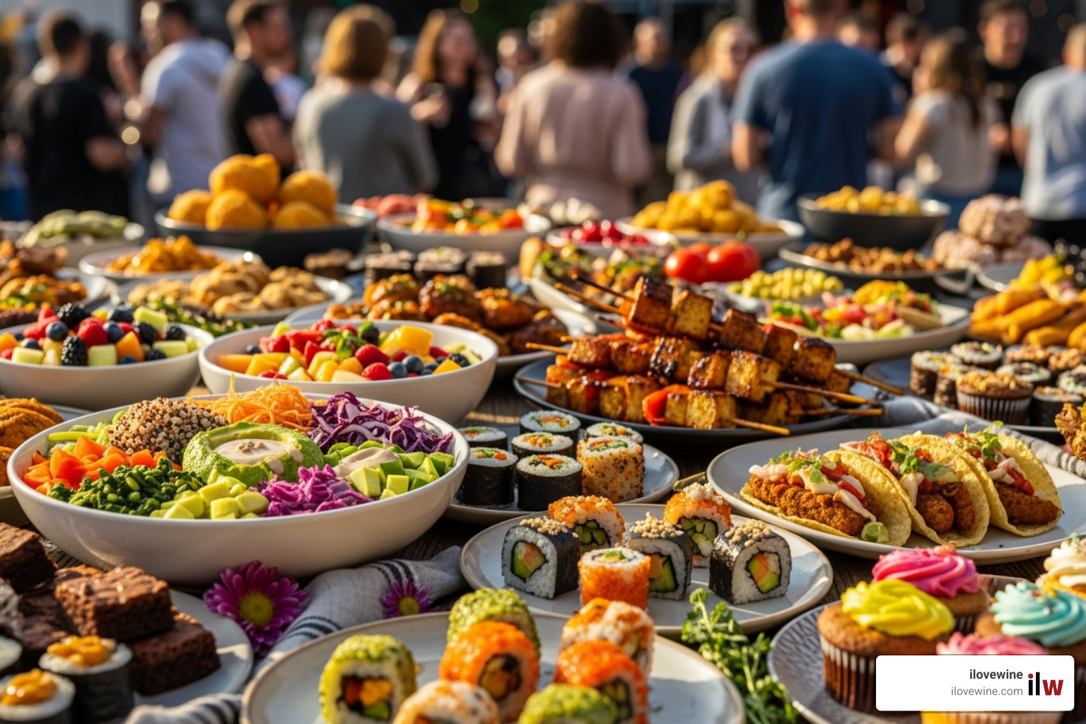 A vibrant image of diverse vegan dishes at a food festival. - Summer food festivals