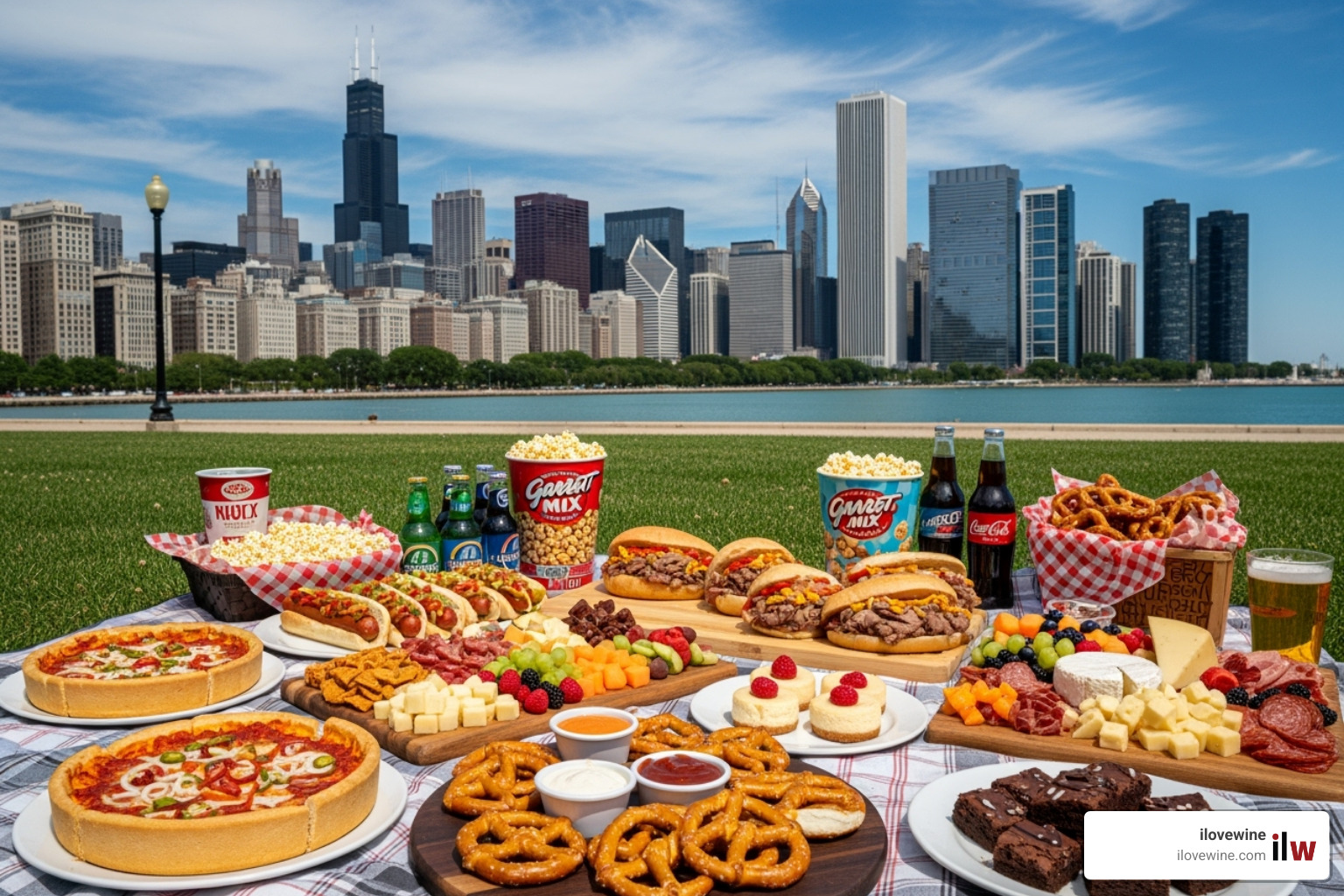 of a diverse food spread with the Chicago skyline in the background. - Summer food festivals