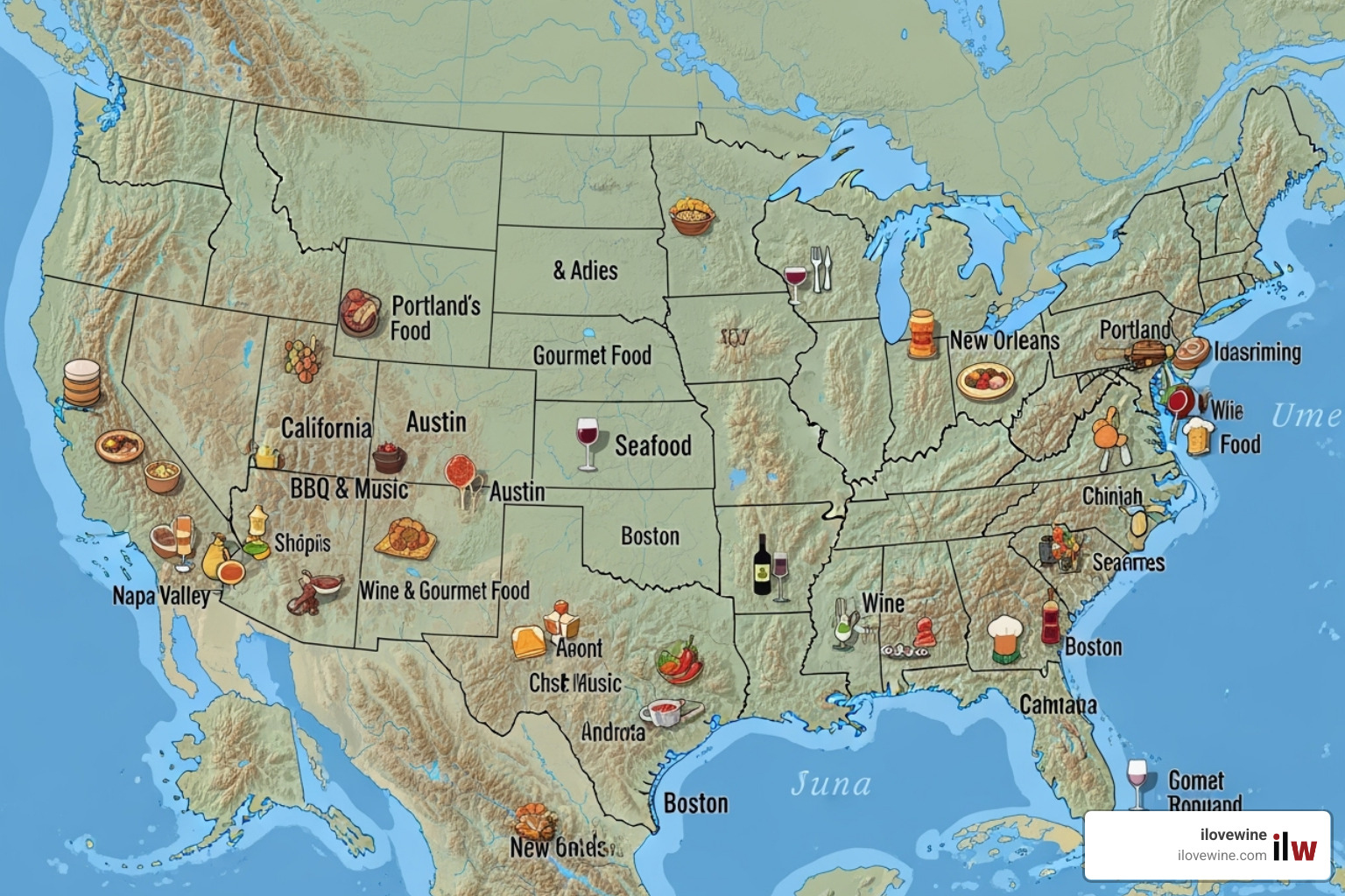 A map highlighting various food festival locations across the USA. - Summer food festivals