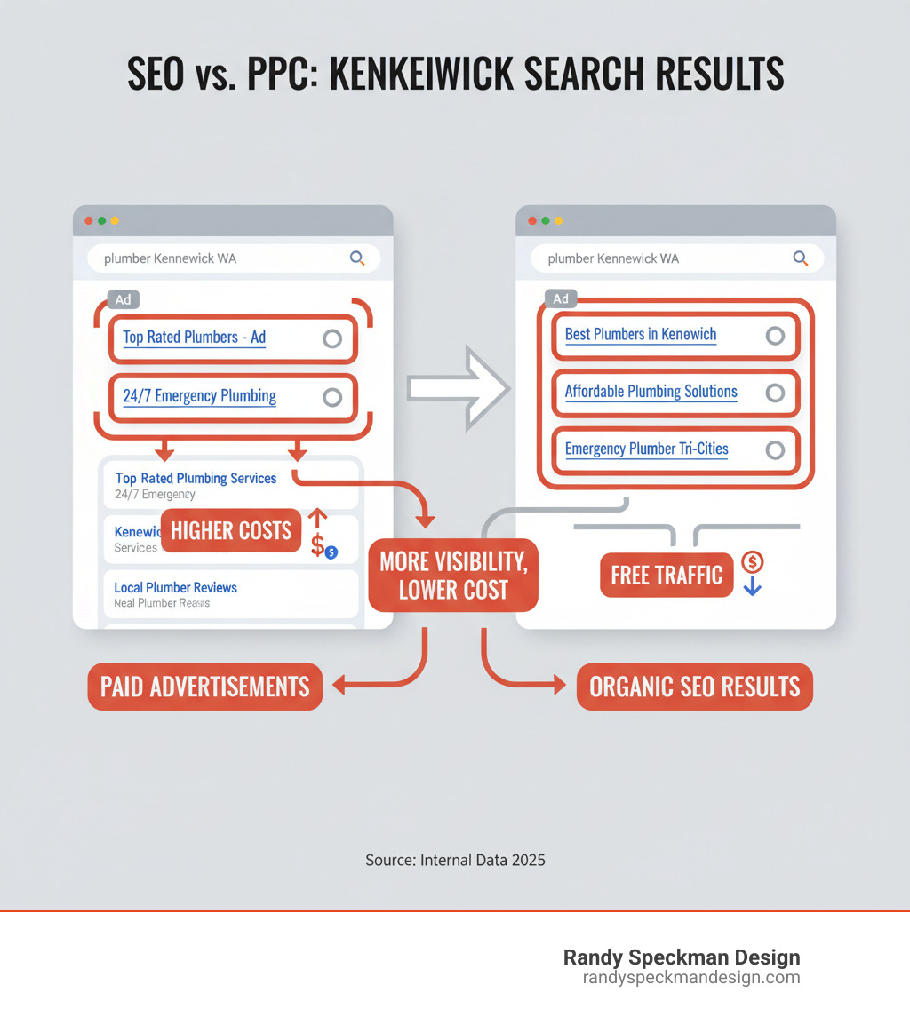 Infographic showing the difference between organic SEO results and paid PPC advertisements on a search results page, with organic results highlighted as free traffic and paid ads marked with higher costs and "Ad" labels - seo kennewick infographic 