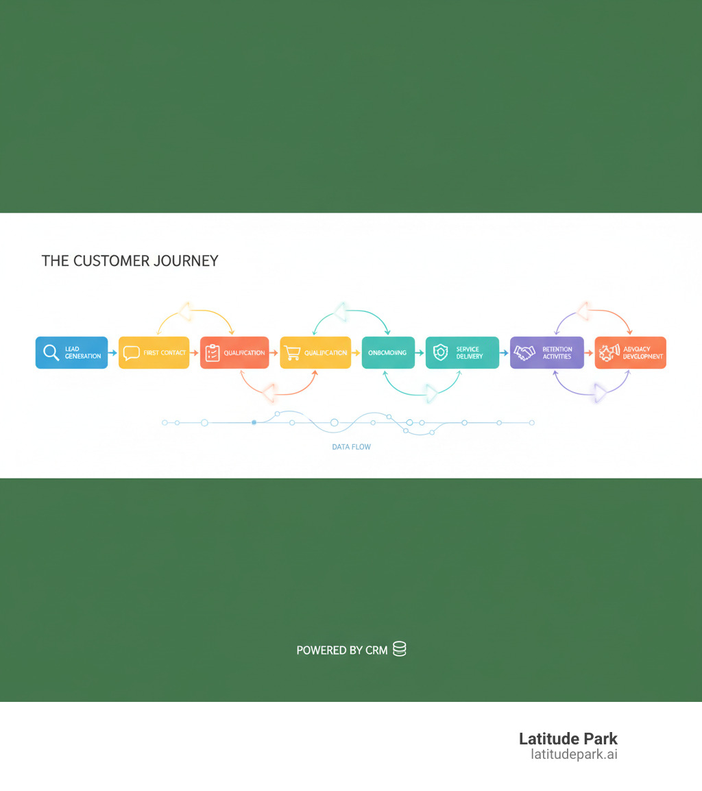 Comprehensive infographic showing the complete customer journey from initial contact through loyal advocate status, including key touchpoints like lead generation, first contact, qualification, conversion, onboarding, service delivery, retention activities, and advocacy development, with data flowing between each stage - crm infographic 