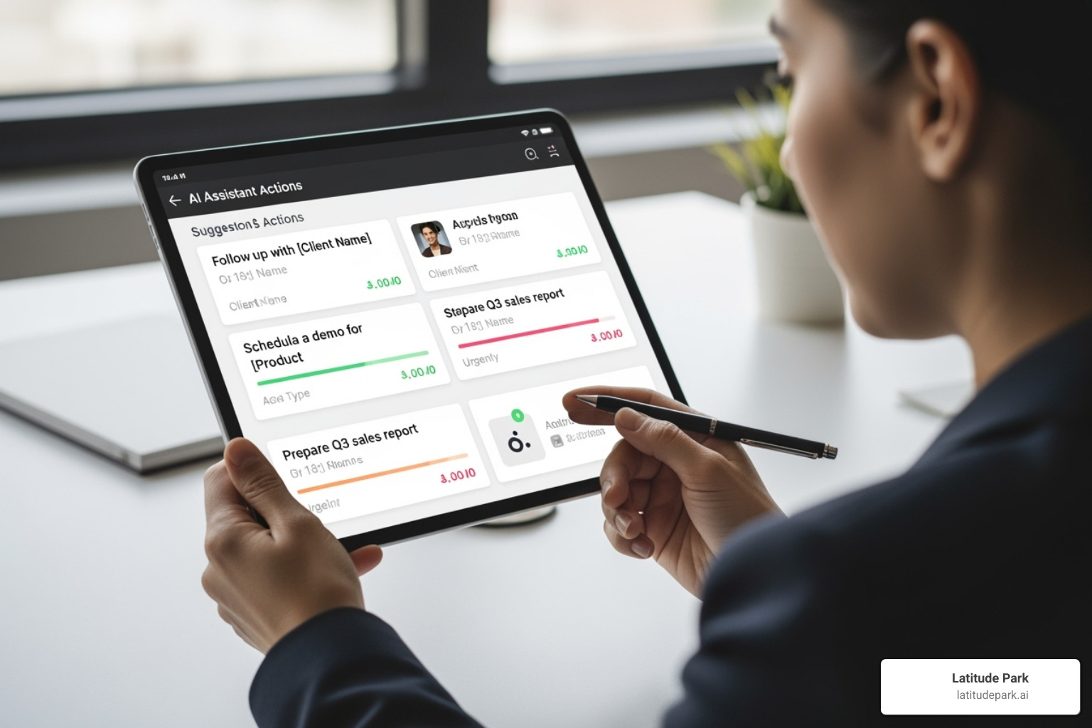 AI assistant suggesting next best actions for a sales rep on a tablet - crm